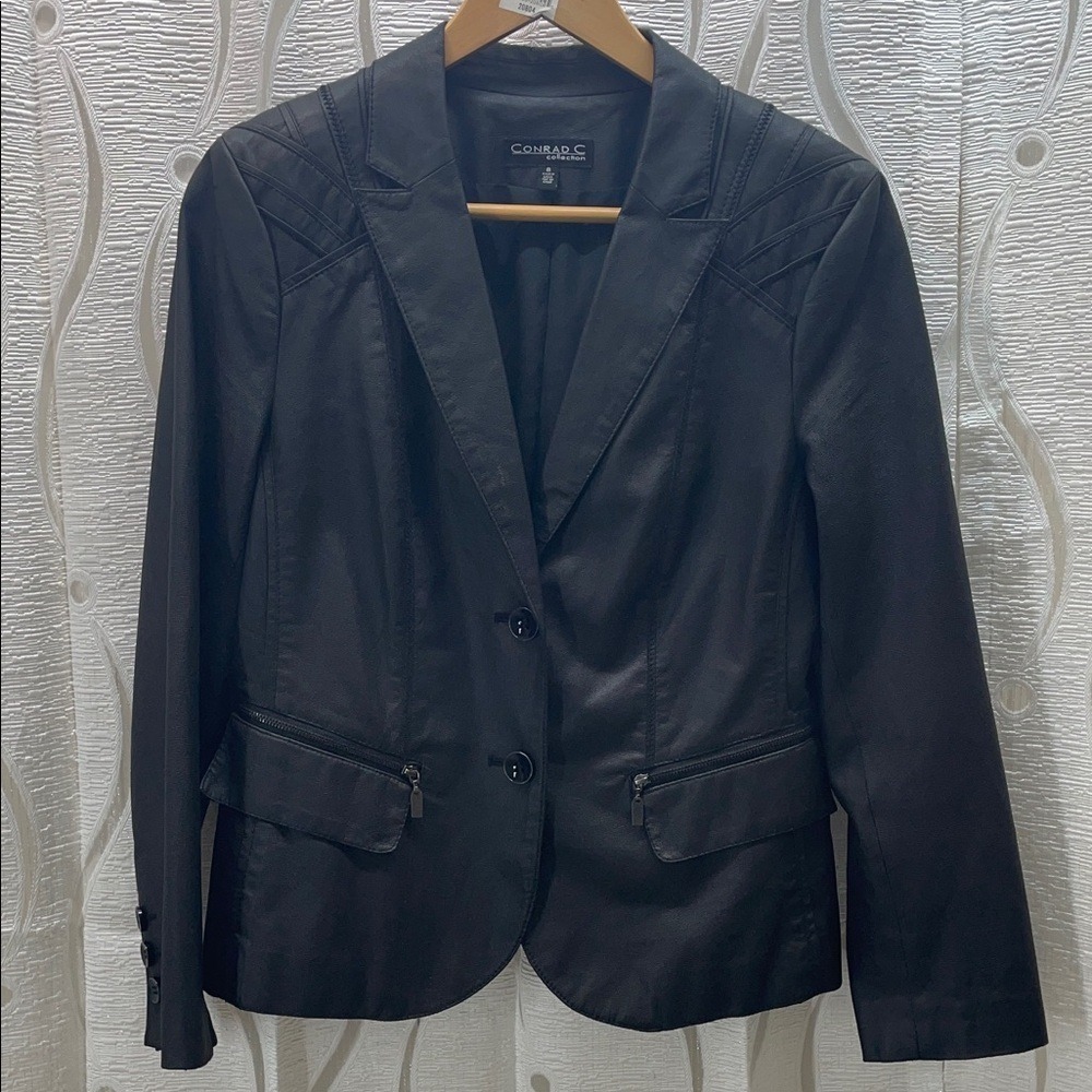 Conrad C Collection Blazer Womens 8 Black Faux Leather Excellent Tailored Jacket
